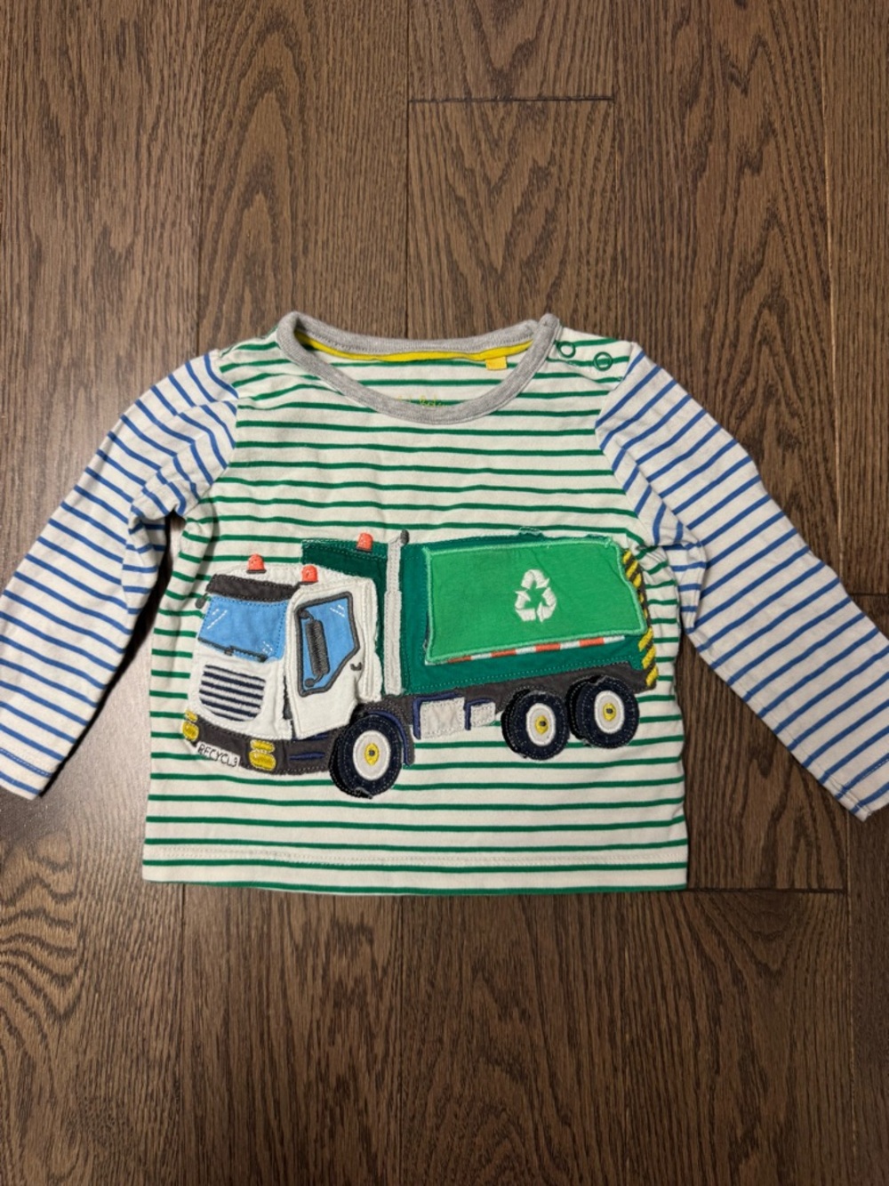 Baby Boden Green Striped Tee with Blue-White Striped Sleeves and Recycling Truck